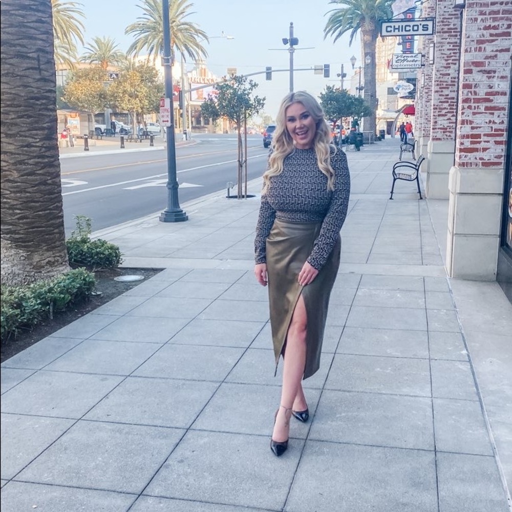 Brown long sleeve top and taupe/green faux leather slit skirt - selling as a set